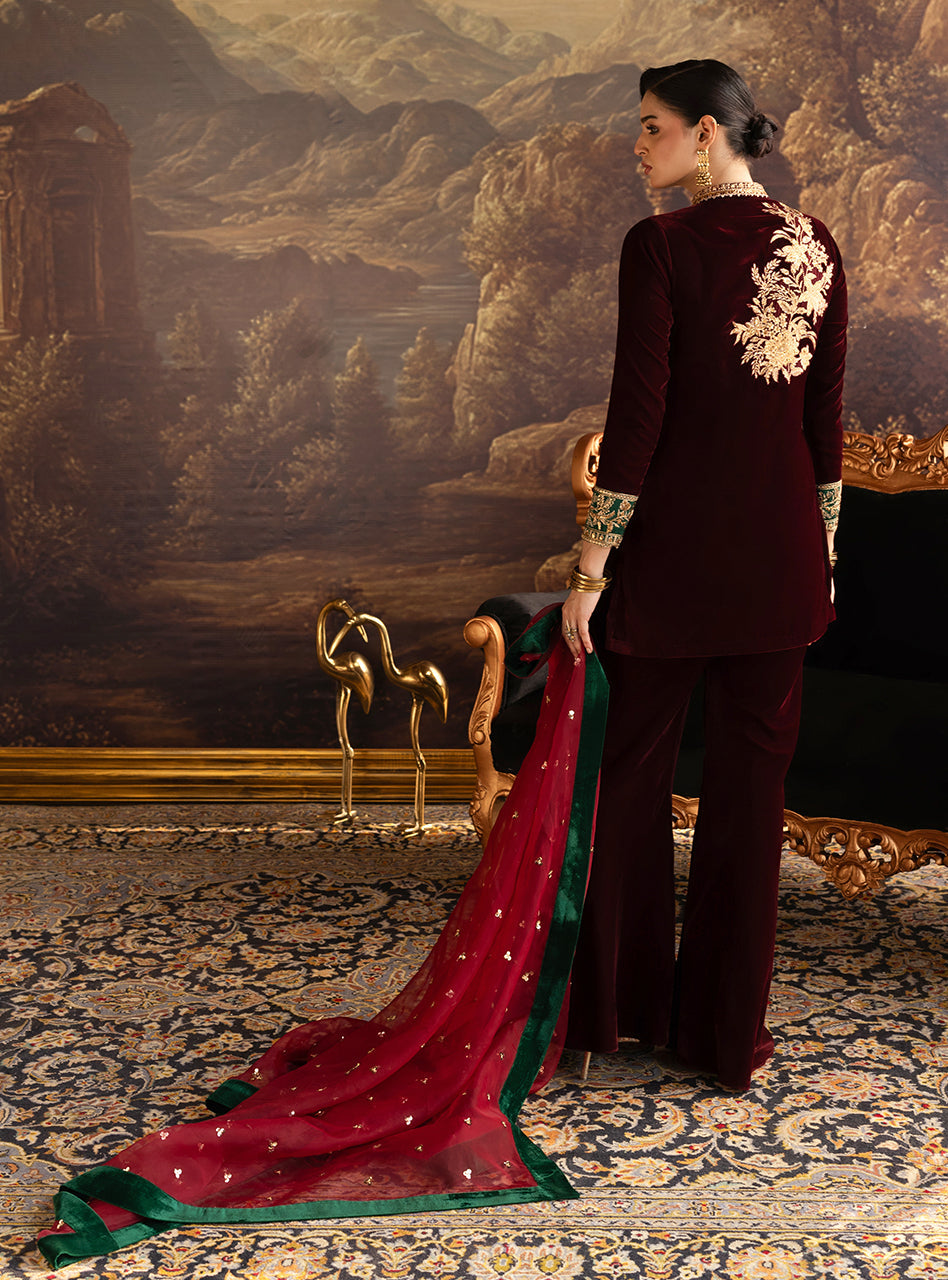 Zainab Chottani | Velura Velvet Edit 25 | Claret Flared Pants