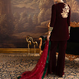 Zainab Chottani | Velura Velvet Edit 25 | Claret Flared Pants