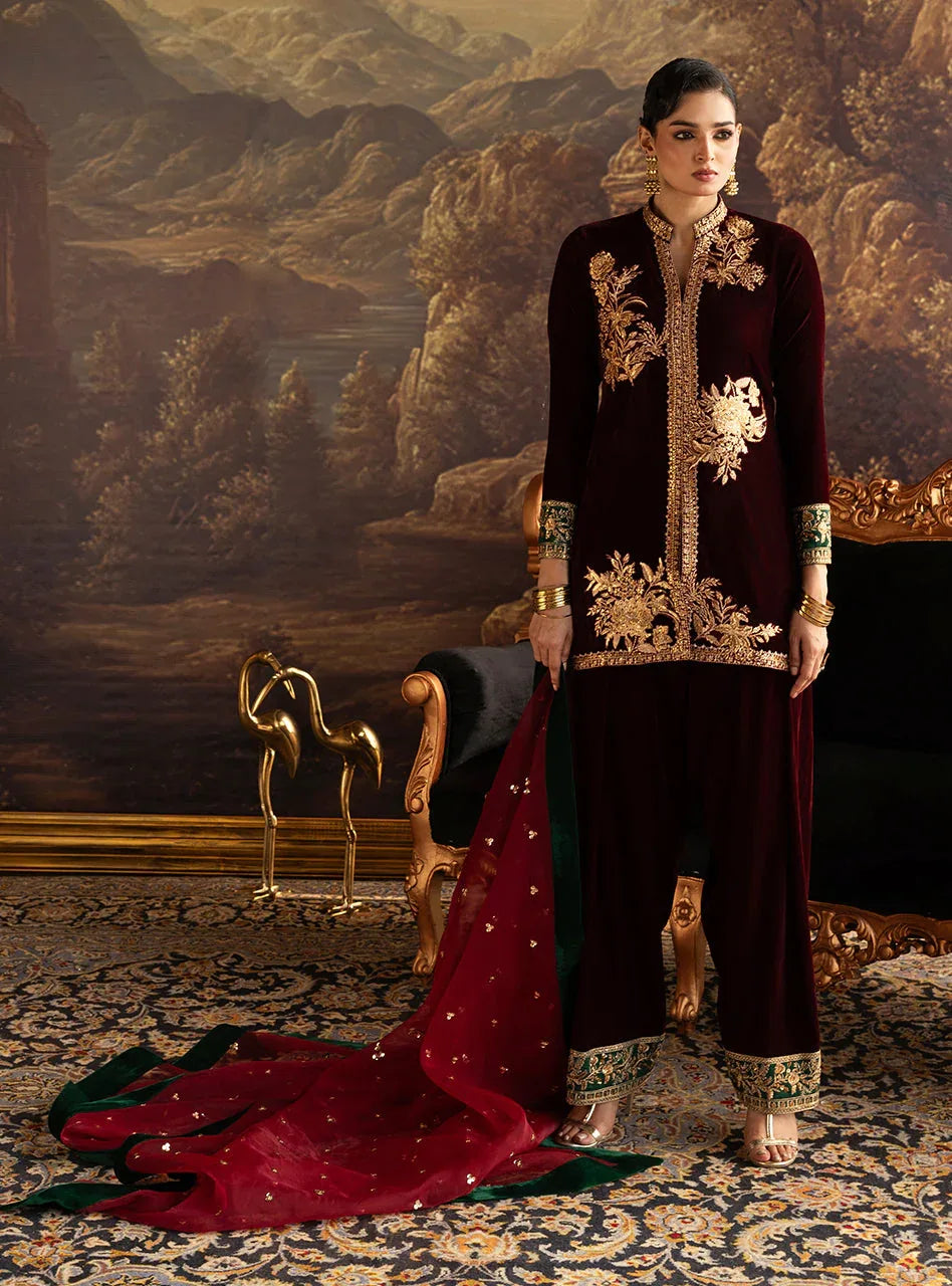 Zainab Chottani | Velura Velvet Edit 25 | Claret Farshi - Rang-e-Khaas