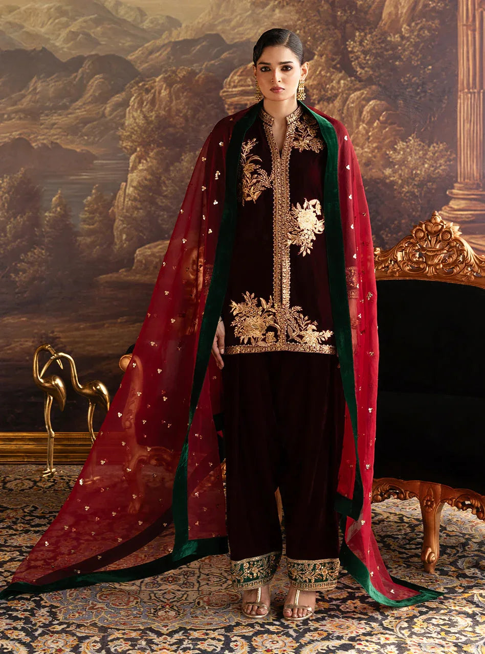 Zainab Chottani | Velura Velvet Edit 25 | Claret Farshi - Rang-e-Khaas
