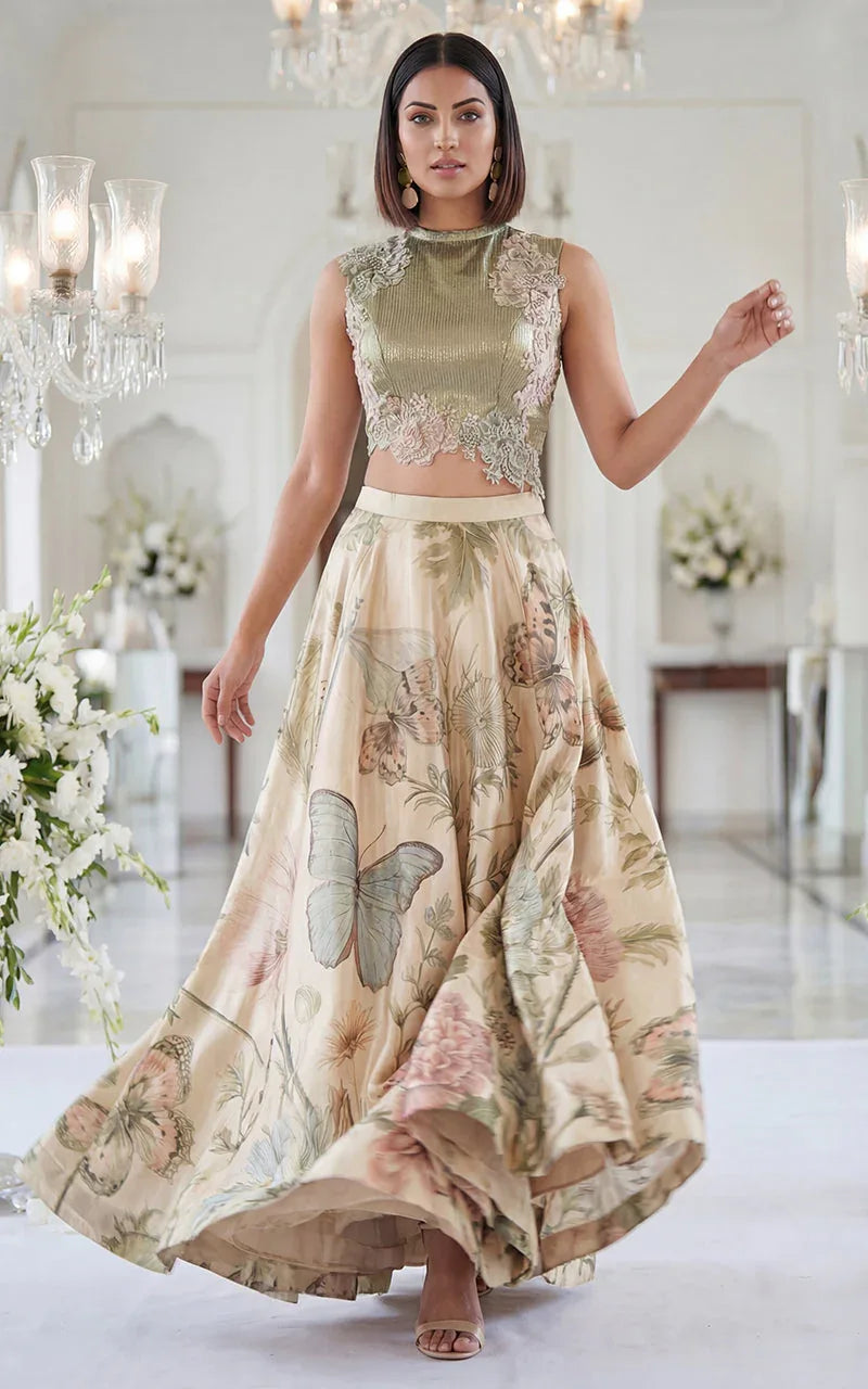 Embroidered Blouse With Printed Skirt