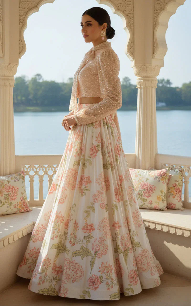 Embellished Blouse With Printed Lehenga