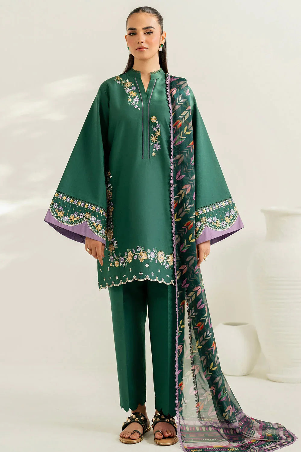 Farasha | Thread Lines Embroidered | Deep Pine - Rang-e-Khaas
