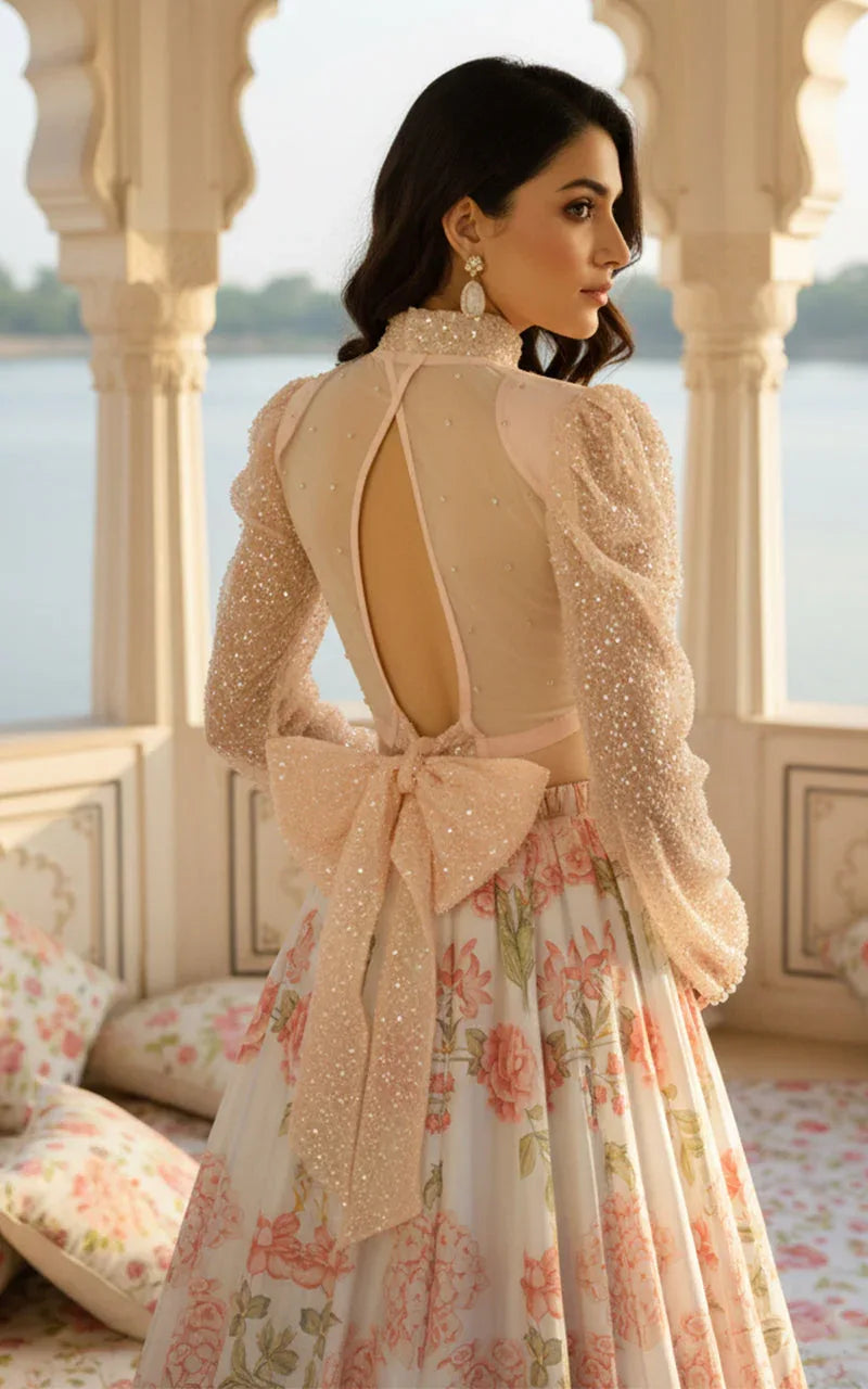 Embellished Blouse With Printed Lehenga