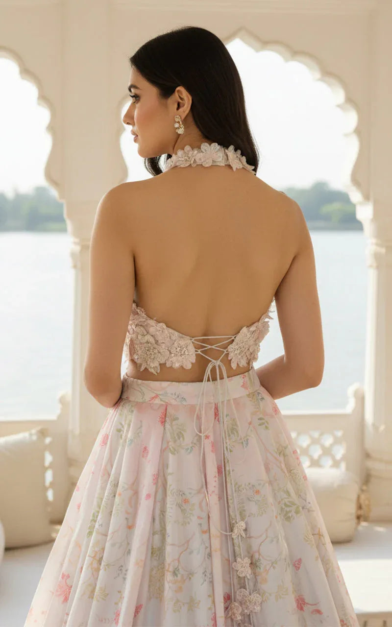 Embellished Blouse With Printed Lehenga