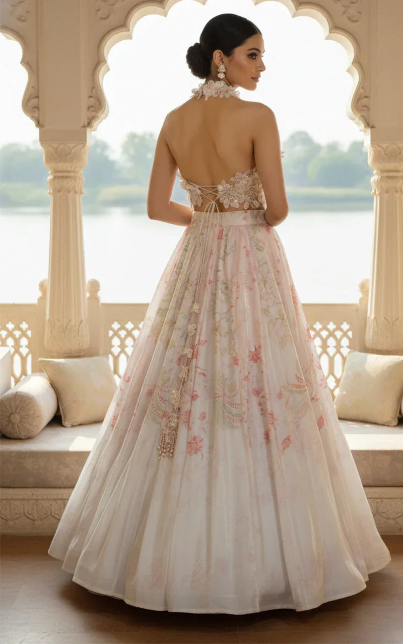 Embellished Blouse With Printed Lehenga