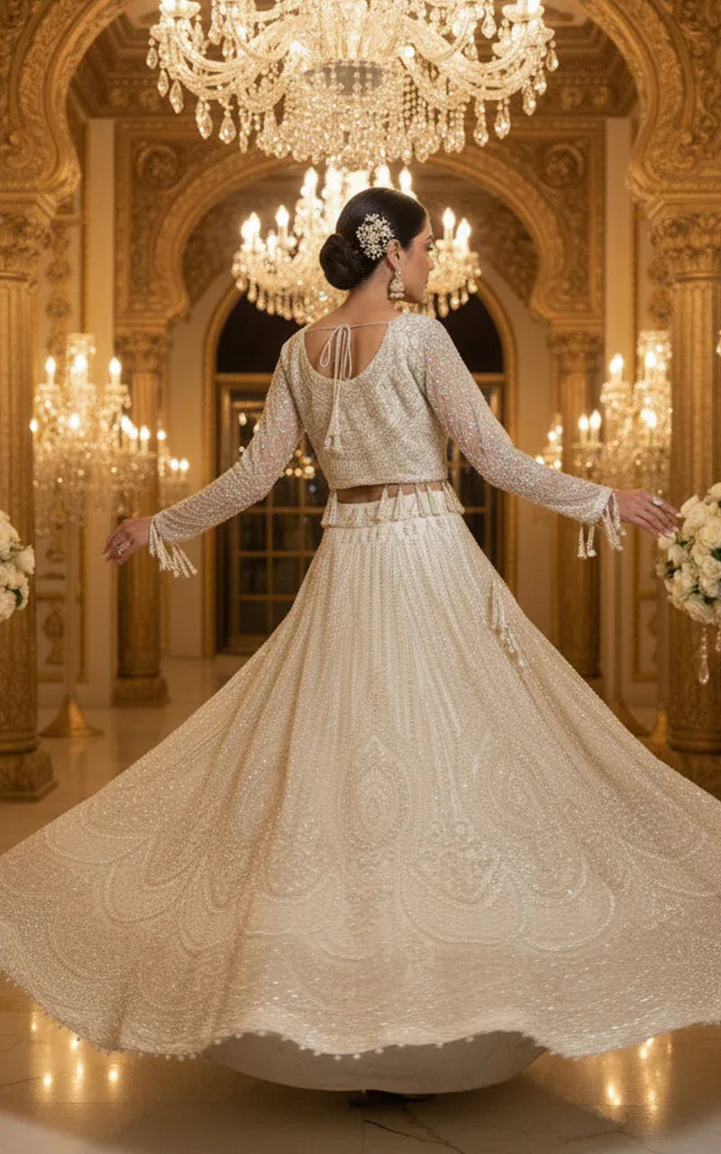 Net Embroidered Blouse and Lehenga