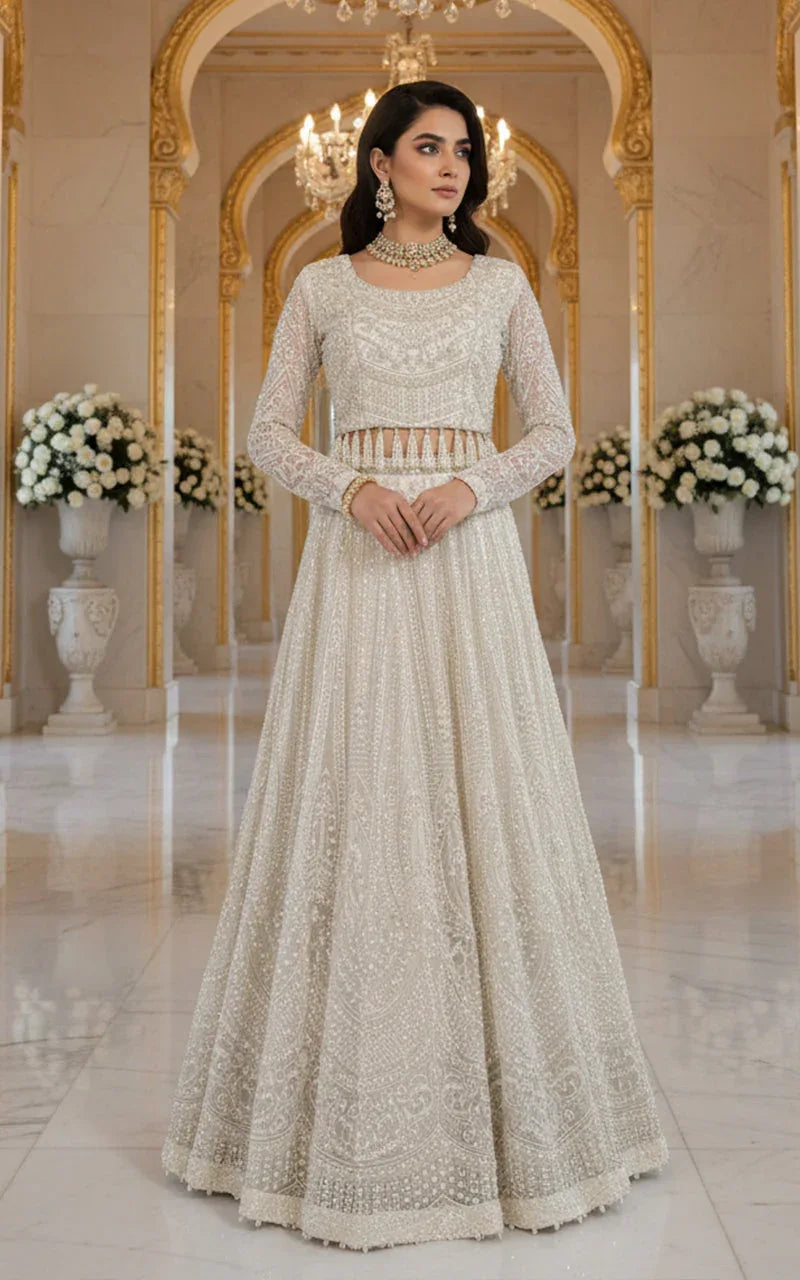 Net Embroidered Blouse and Lehenga