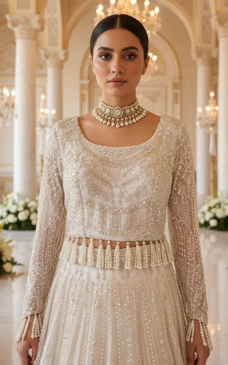 Net Embroidered Blouse and Lehenga