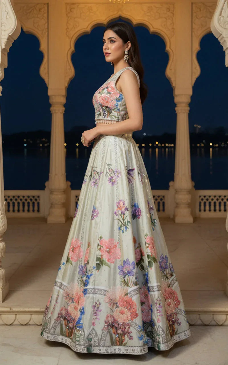 Embellished Blouse With Embellished Printed Lehenga