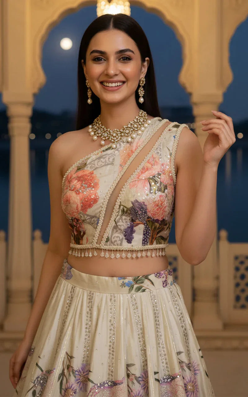 Embellished Blouse With Embellished Printed Lehenga