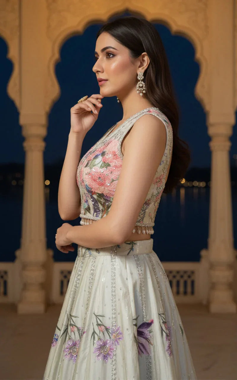 Embellished Blouse With Embellished Printed Lehenga
