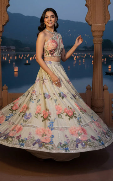 Embellished Blouse With Embellished Printed Lehenga