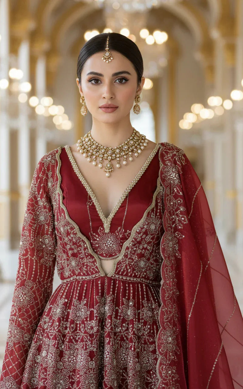 Embroidered Maxi With Blouse And Dupatta