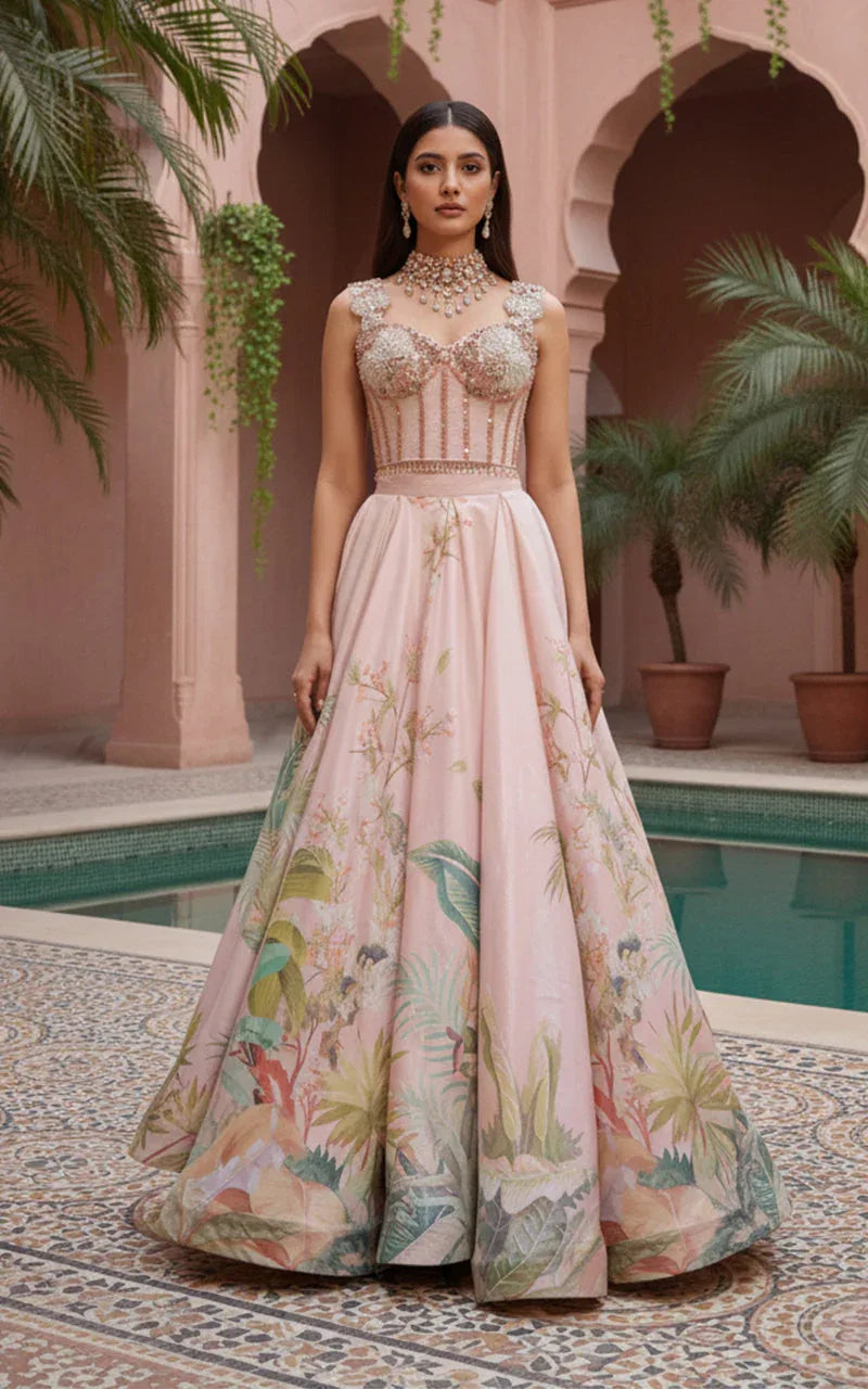 Embellished Blouse With Cape And Printed Lehenga