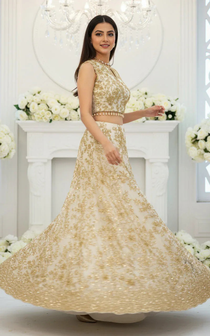 Net Embroidered Blouse With Lehenga