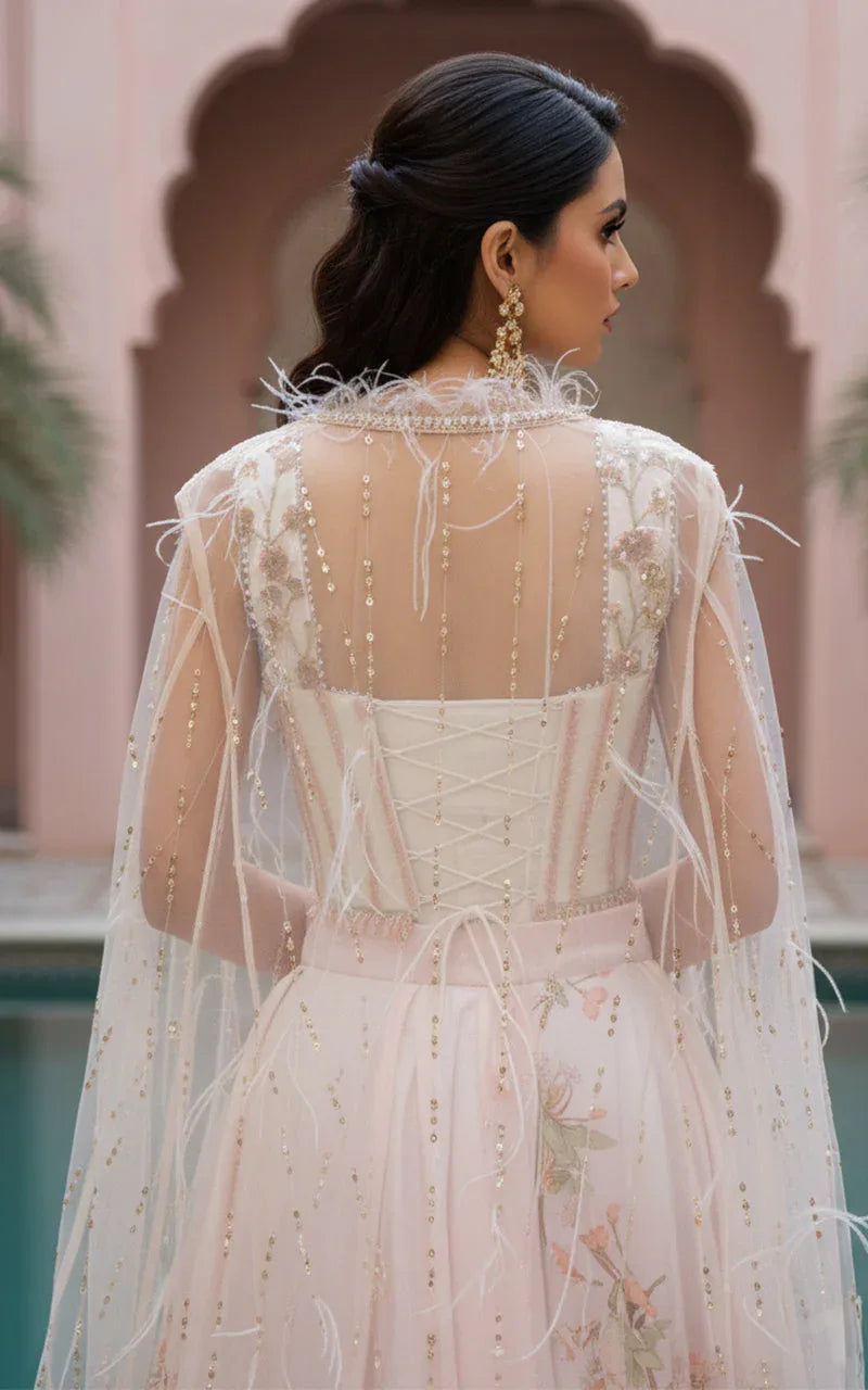 Embellished Blouse With Cape And Printed Lehenga