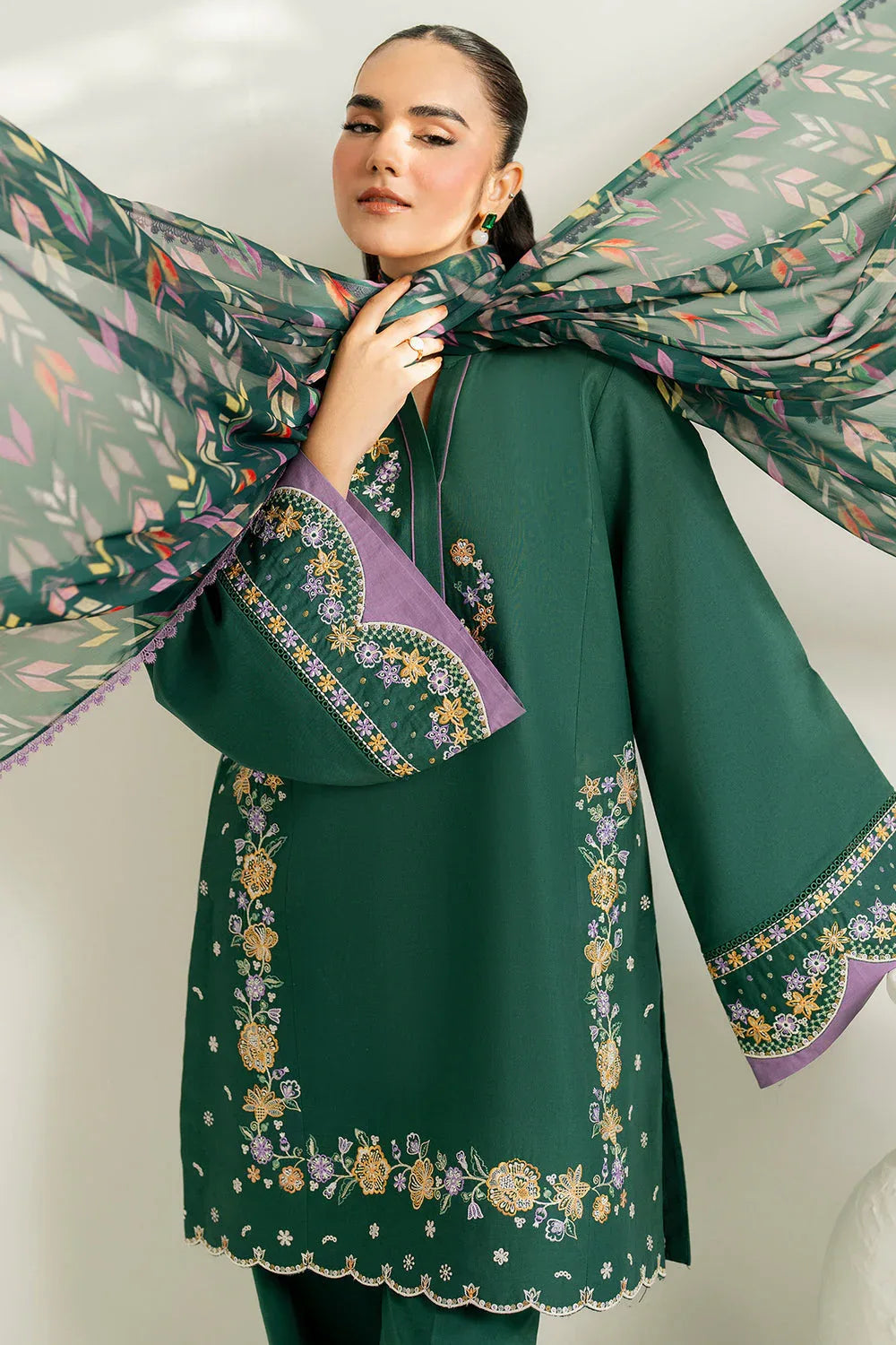 Farasha | Thread Lines Embroidered | Deep Pine - Rang-e-Khaas