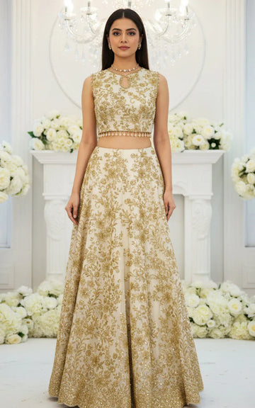 Net Embroidered Blouse With Lehenga
