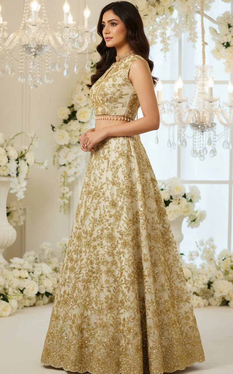 Net Embroidered Blouse With Lehenga