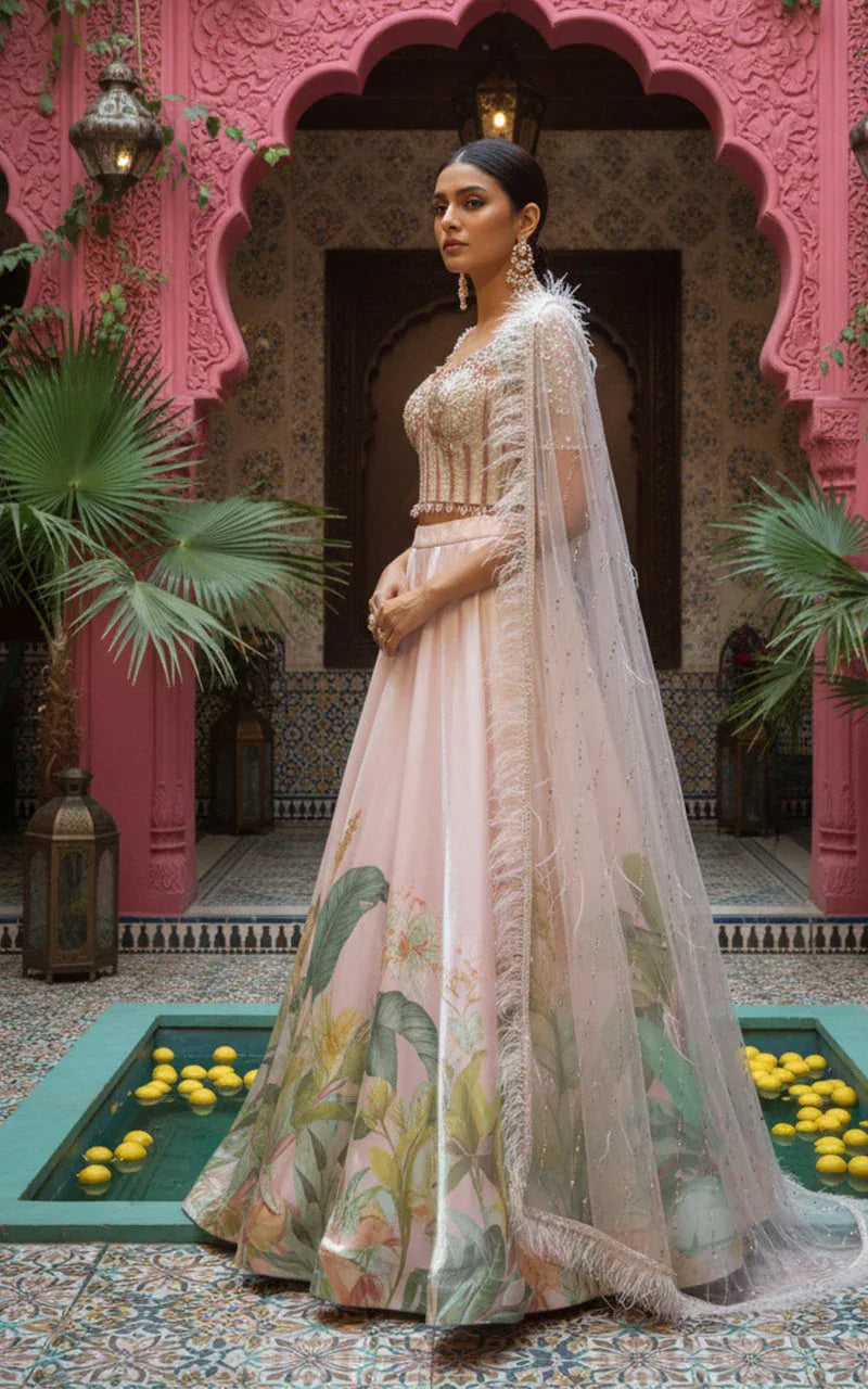 Embellished Blouse With Cape And Printed Lehenga
