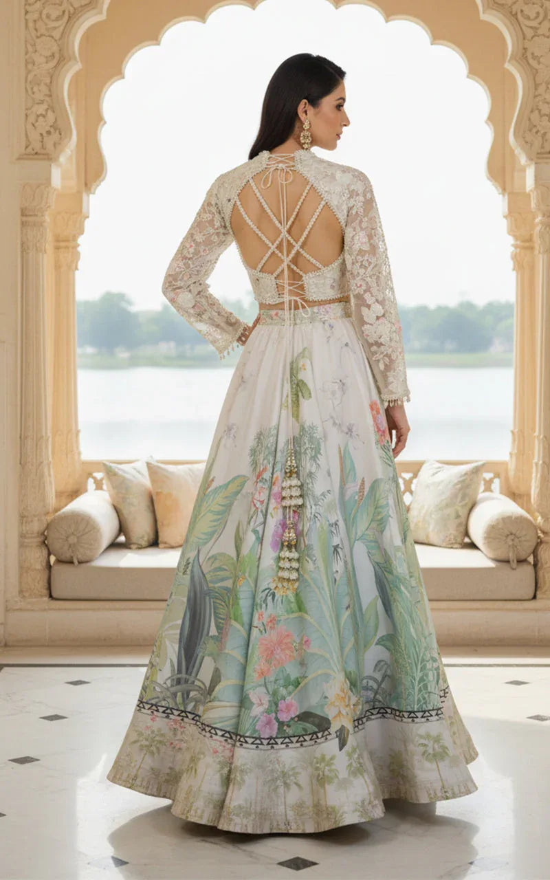 Embellished Blouse With Jacket And Printed Lehenga