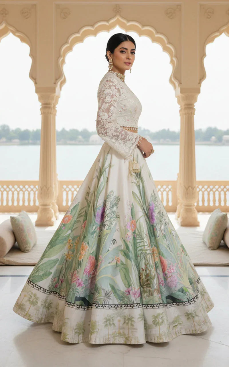 Embellished Blouse With Jacket And Printed Lehenga