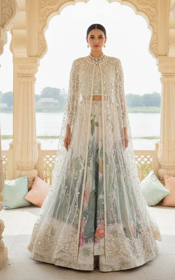 Embellished Blouse With Jacket And Printed Lehenga