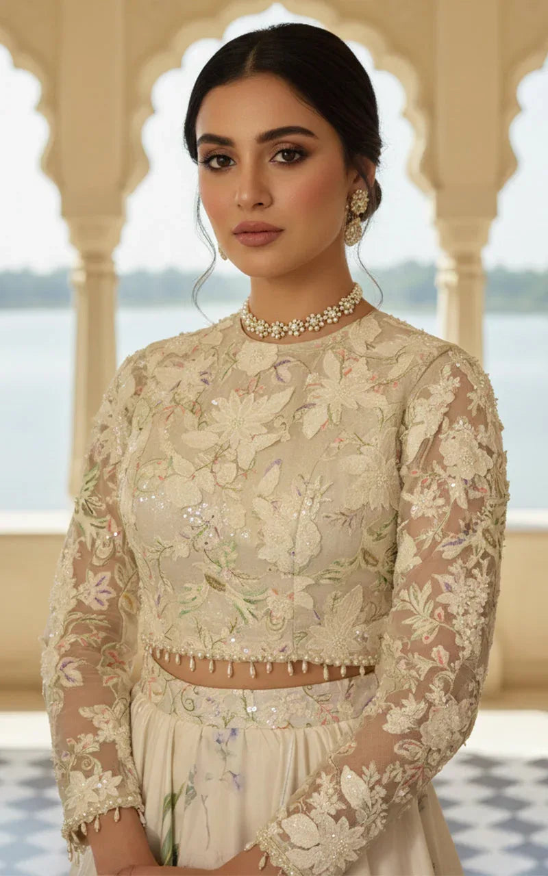 Embellished Blouse With Jacket And Printed Lehenga