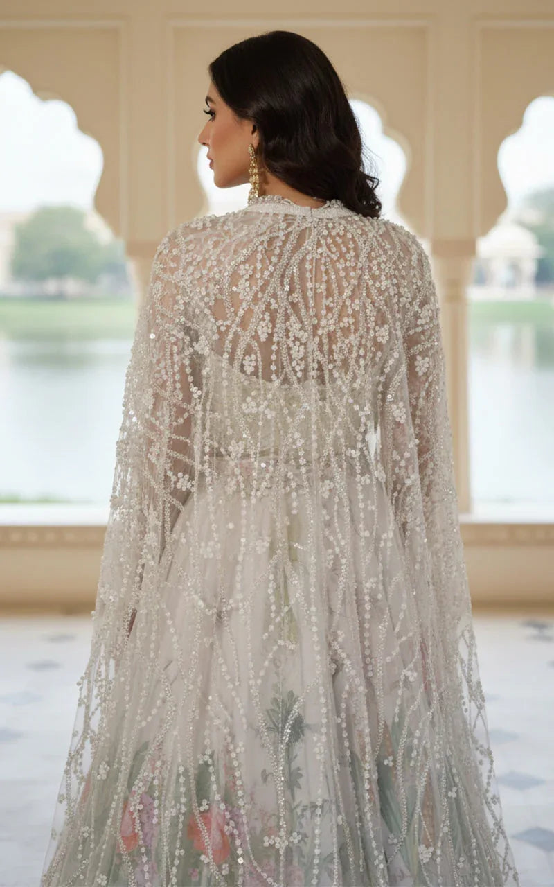 Embellished Blouse With Jacket And Printed Lehenga