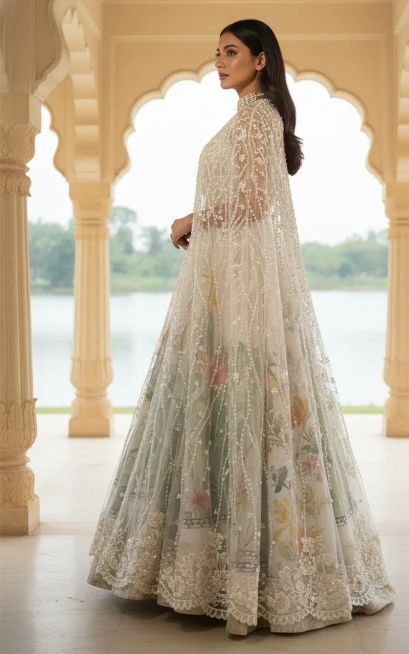 Embellished Blouse With Jacket And Printed Lehenga