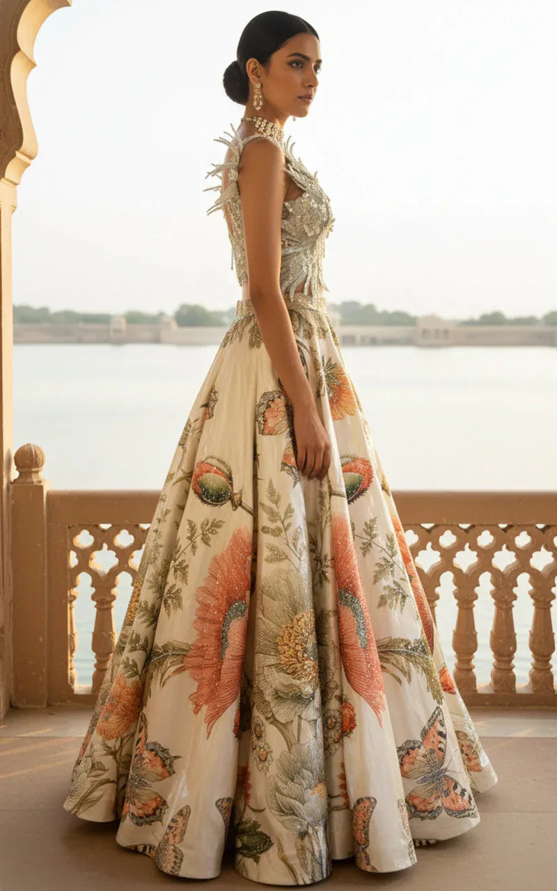 Embroidered Blouse With Embellished Printed Lehenga