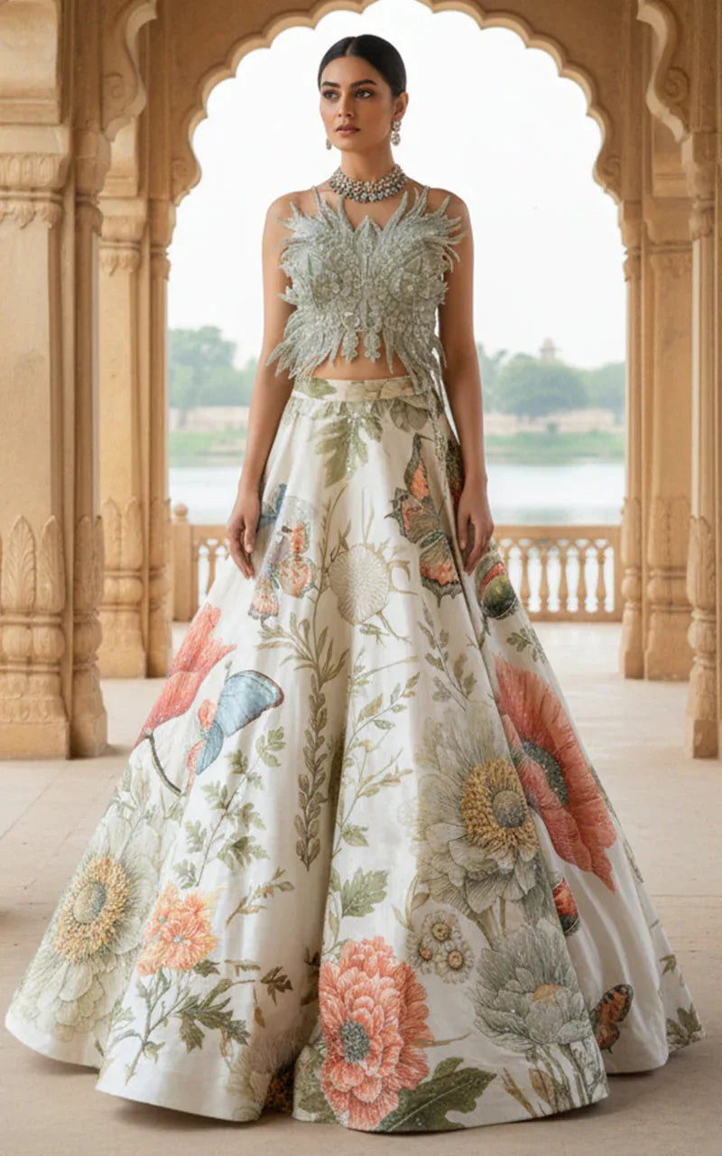 Embroidered Blouse With Embellished Printed Lehenga