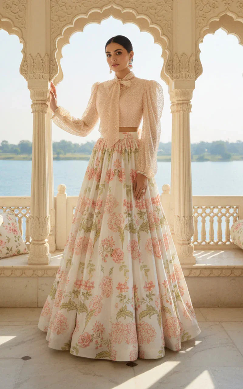 Embellished Blouse With Printed Lehenga