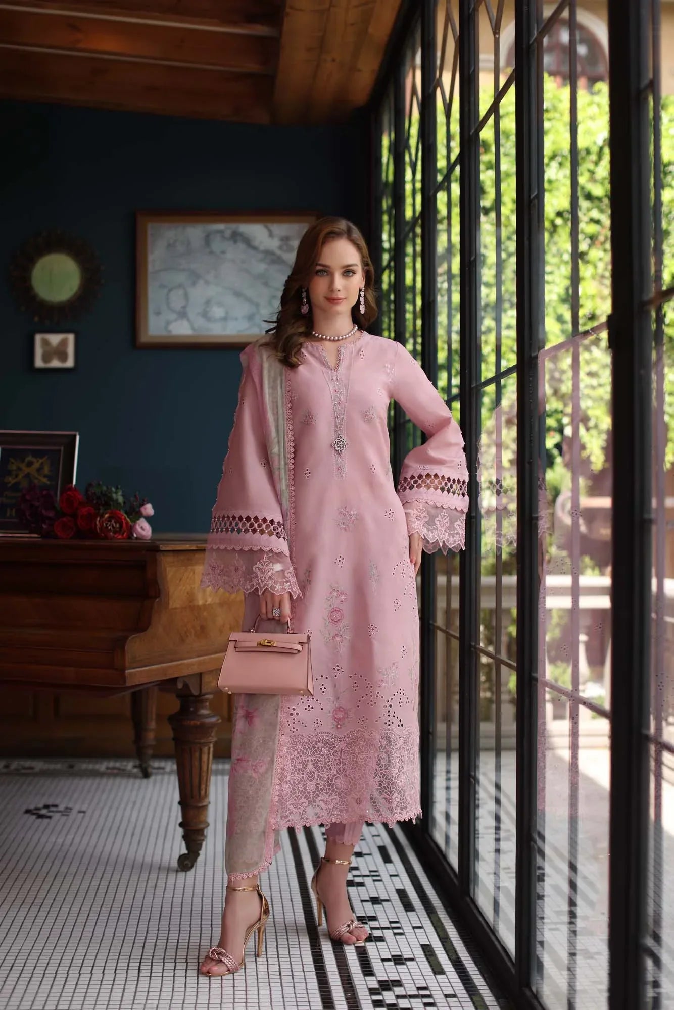 Noor by Saadia Asad | Eid Luxury Schiffli Laserkari 25 | D3- Blush Pink - Rang-e-Khaas
