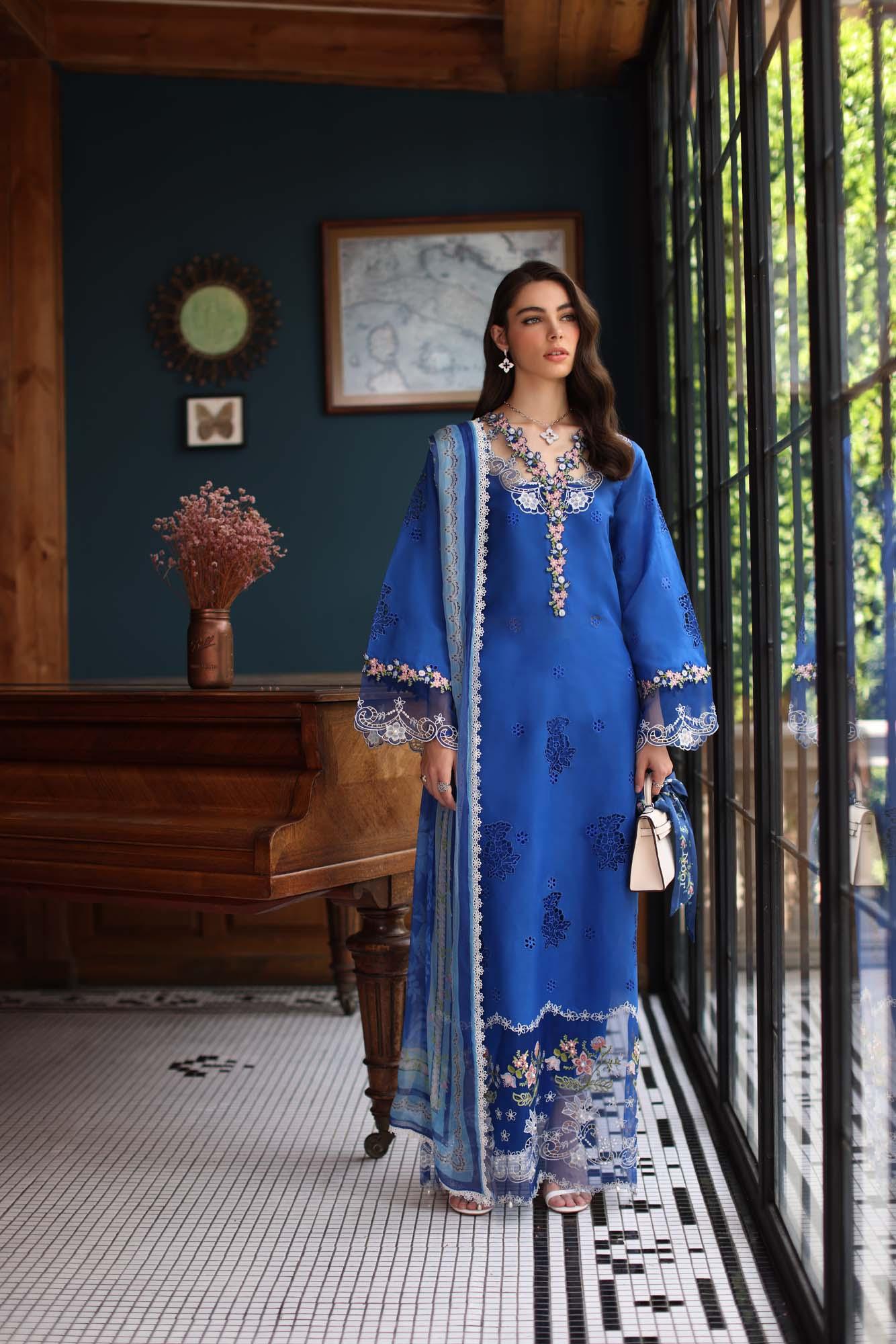 Noor by Saadia Asad | Eid Luxury Schiffli Laserkari 25 | D4- Ink Blue - Rang-e-Khaas