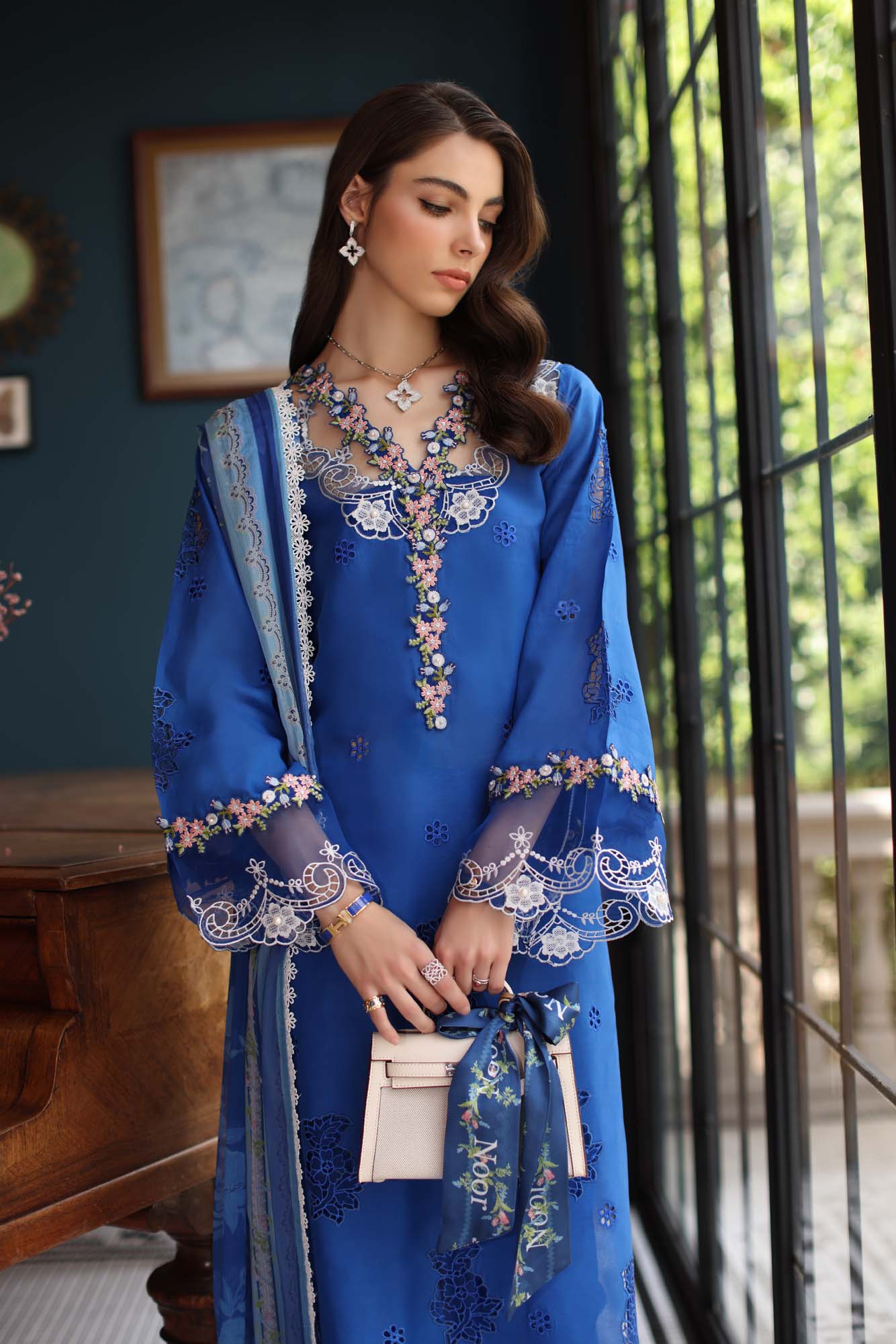 Noor by Saadia Asad | Eid Luxury Schiffli Laserkari 25 | D4- Ink Blue