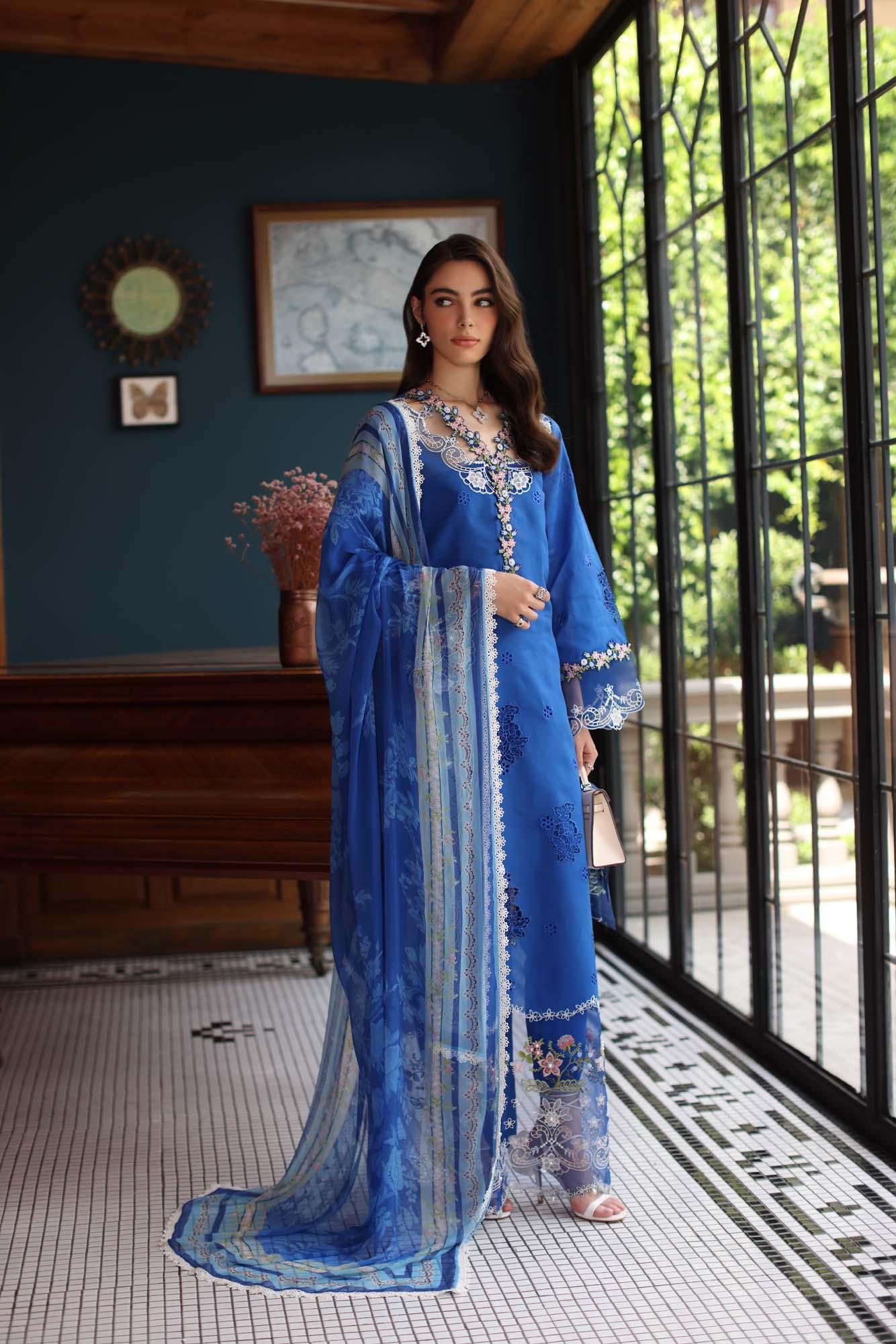 Noor by Saadia Asad | Eid Luxury Schiffli Laserkari 25 | D4- Ink Blue - Rang-e-Khaas