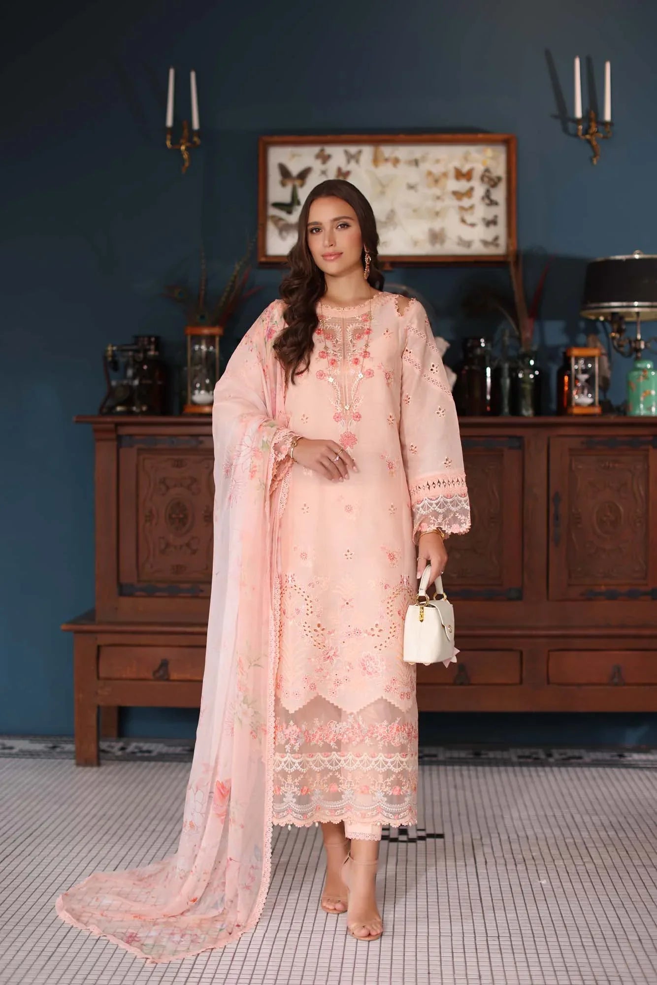 Noor by Saadia Asad | Eid Luxury Schiffli Laserkari 25 | D6- Peach - Rang-e-Khaas