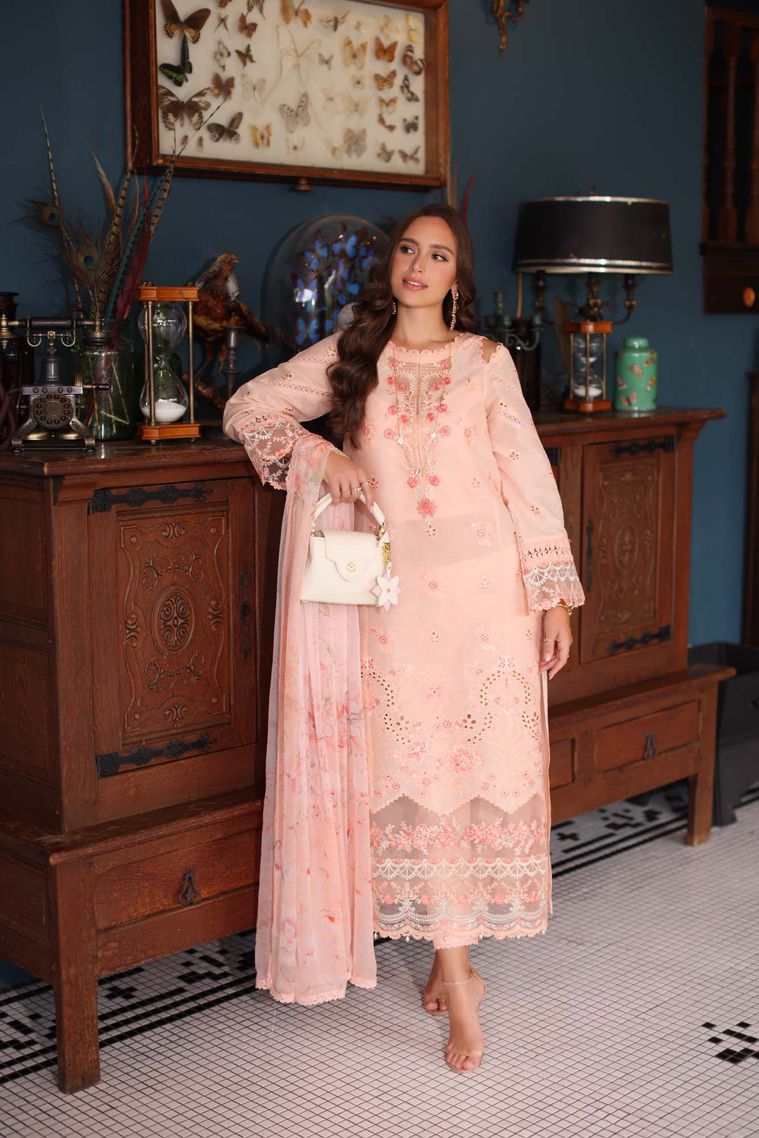 Noor by Saadia Asad | Eid Luxury Schiffli Laserkari 25 | D6- Peach - Rang-e-Khaas