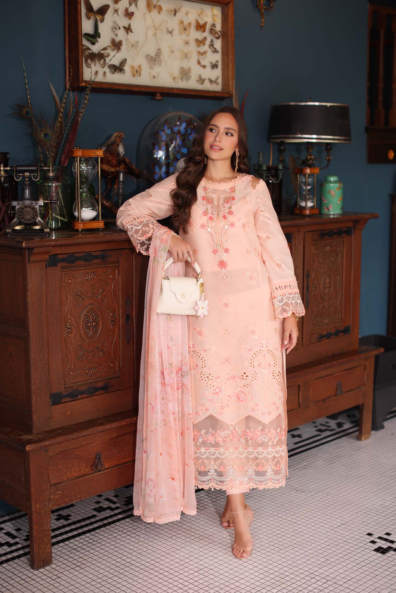 Noor by Saadia Asad | Eid Luxury Schiffli Laserkari 25 | D6- Peach - Rang-e-Khaas