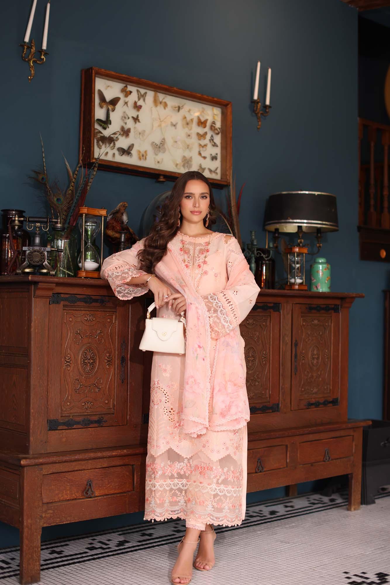 Noor by Saadia Asad | Eid Luxury Schiffli Laserkari 25 | D6- Peach - Rang-e-Khaas