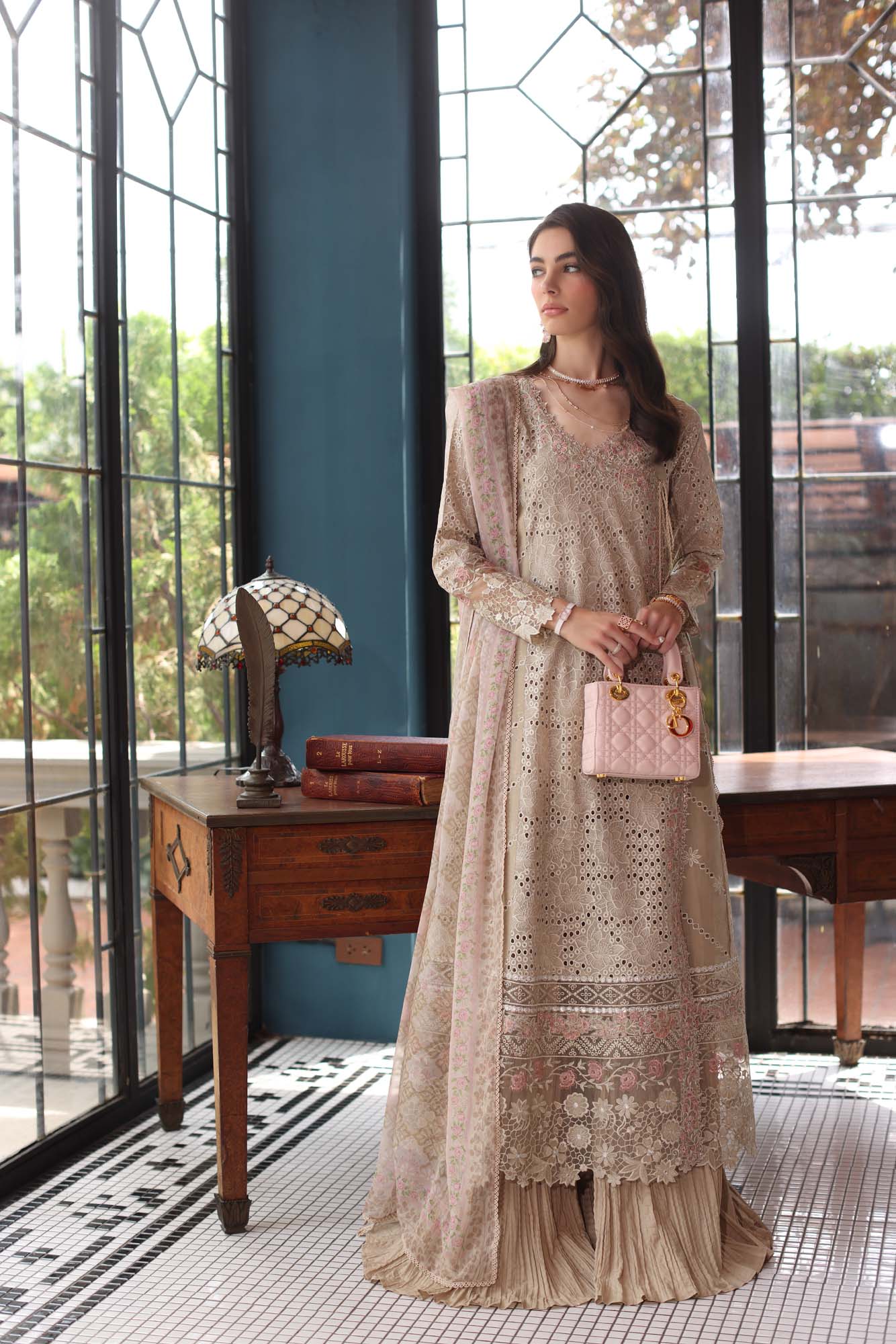 Noor by Saadia Asad | Eid Luxury Schiffli Laserkari 25 | D1- Beige - Rang-e-Khaas