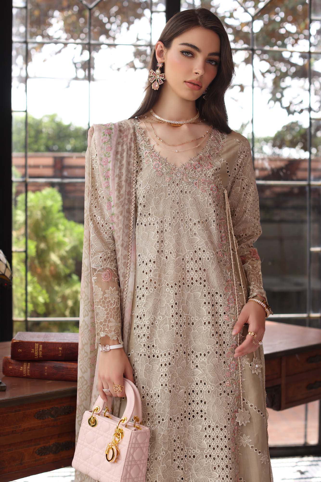 Noor by Saadia Asad | Eid Luxury Schiffli Laserkari 25 | D1- Beige - Rang-e-Khaas