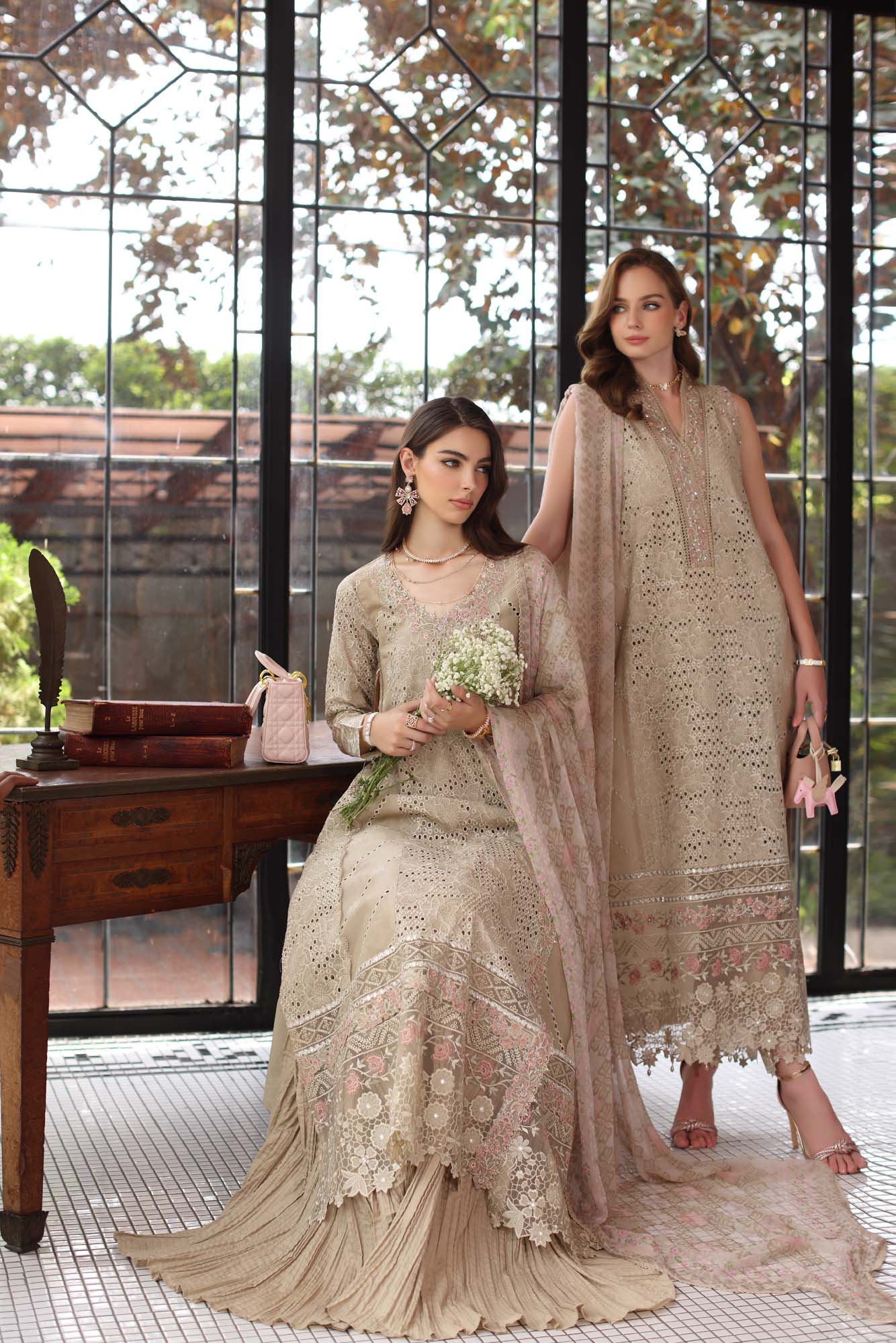 Noor by Saadia Asad | Eid Luxury Schiffli Laserkari 25 | D1- Beige - Rang-e-Khaas