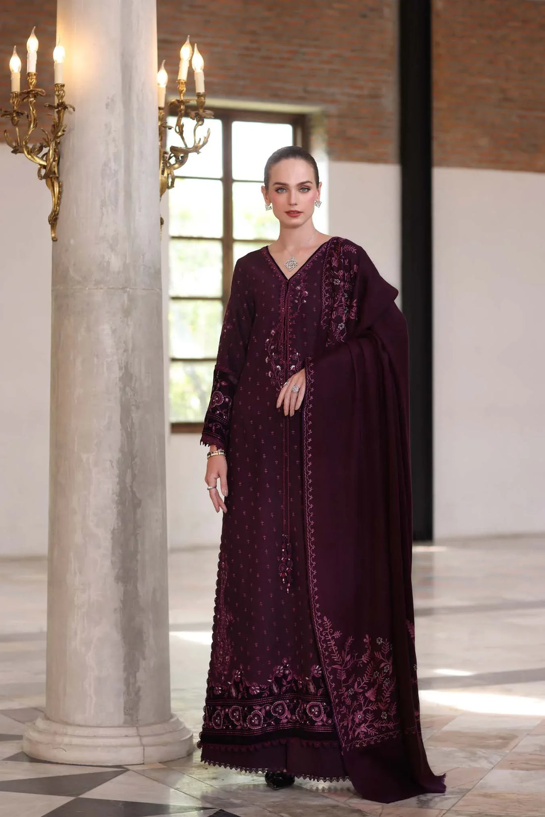 Noor by Saadia Asad | Winter Pashmina 25 | Damson - Rang-e-Khaas