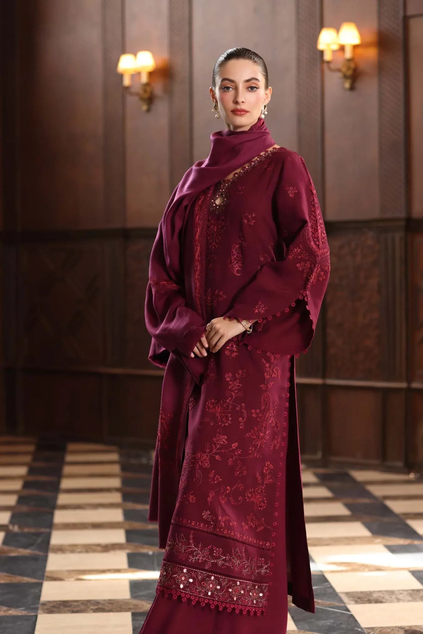 Noor by Saadia Asad | Winter Pashmina 25 | Royal Claret - Rang-e-Khaas