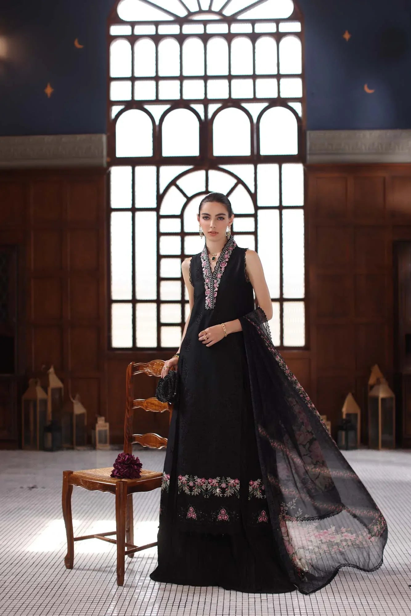 Noor by Saadia Asad | Eid Luxury Schiffli Laserkari 25 | D7- Black - Rang-e-Khaas
