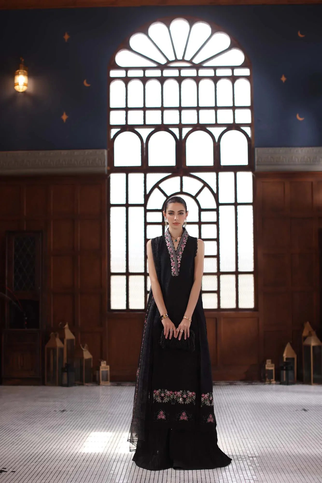 Noor by Saadia Asad | Eid Luxury Schiffli Laserkari 25 | D7- Black - Rang-e-Khaas
