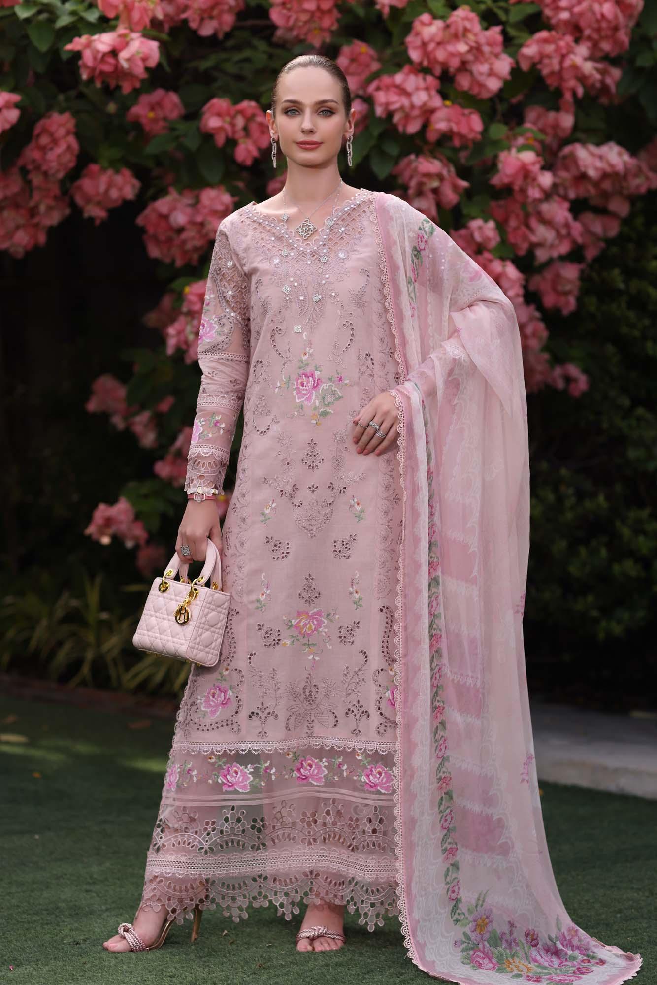 Noor by Saadia Asad | Eid Luxury Schiffli Laserkari 25 | D8- Pink - Rang-e-Khaas